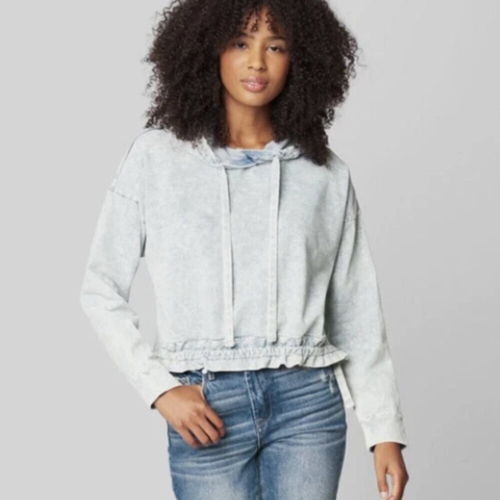 Blank NYC Womens S Free Spirit Acid Washed Pullover Denim Hooded Sweatshirt